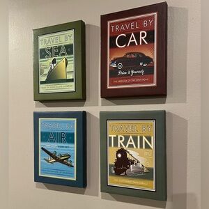 Retro Travel Wall Decor— Set of 4– Sea Air Car Train Cruise Wanderlust